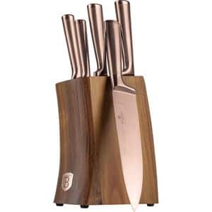 Set cutite BERLINGER HAUS BH/3126 + suport lemn, 5 piese, otel, 9-20cm, rose gold
