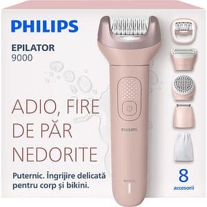 Epilator PHILIPS Series 9000 BRE719/00, 32 pensete, 2 viteze, 8 accesorii, acumulator, roz
