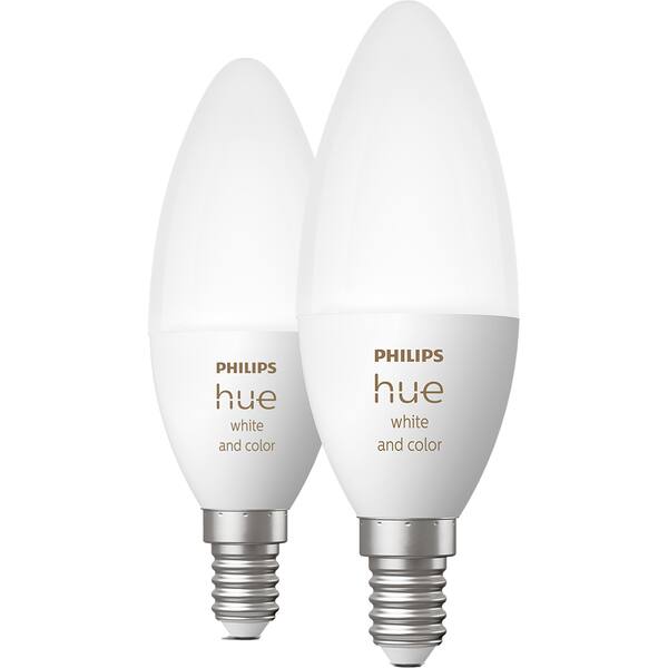 Set 2 becuri LED PHILIPS HUE, E14, 4W, 470 lm, Wi-Fi, lumina variabila, compatibil Alexa, Google Assistant