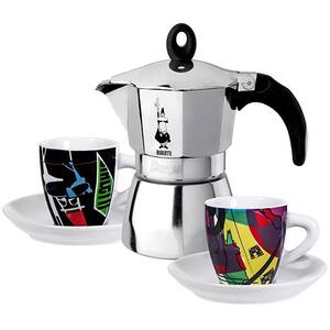 Espressor aragaz BIALETTI Dama Arte, 3 cesti, aluminiu, argintiu + 2 cesti portelan