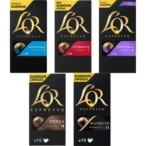 Pachet capsule cafea L'OR 10 buc Espresso Splendente + 10 buc Lungo Profondo + 10 buc Espresso Decaffeinato + 10 buc Espresso Forza + 10 buc Espresso Ristretto, 260g