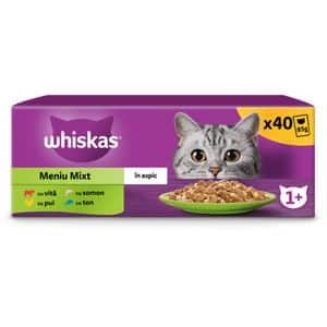 Hrana umeda pentru pisici WHISKAS Meniu Mixt, Adult, Carne in aspic, 40 x 85g