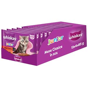 Hrana umeda pentru pisici WHISKAS Mese Clasice, Junior, Vita si pui, 13 x 4 x 85g