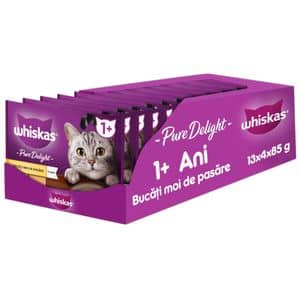Hrana umeda pentru pisici WHISKAS Pure Delight, Adult, Pui si curcan, 13 x 4 x 85g