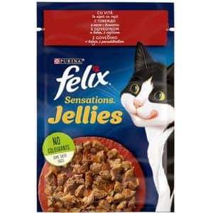 Hrana umeda pentru pisici FELIX Sensations Jellies, Adult, Vita in aspic cu rosii, 26 x 85g