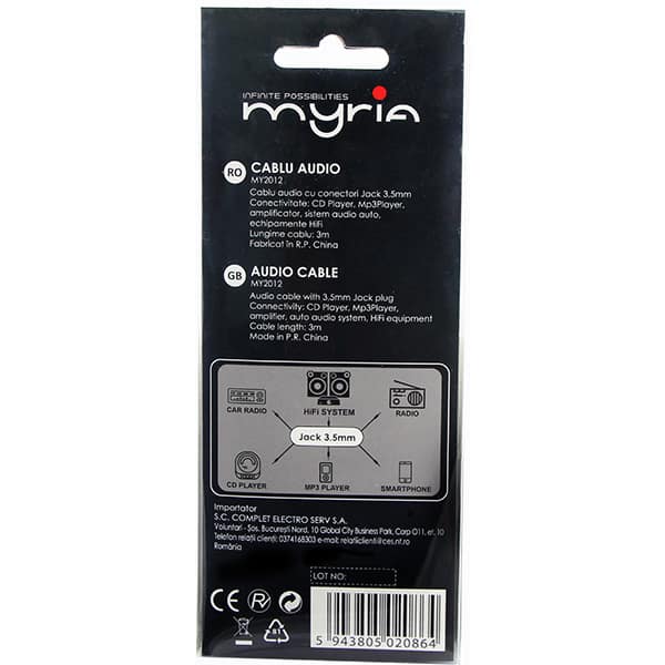 Cablu audio MYRIA MY2012, jack 3.5mm, 3m, negru