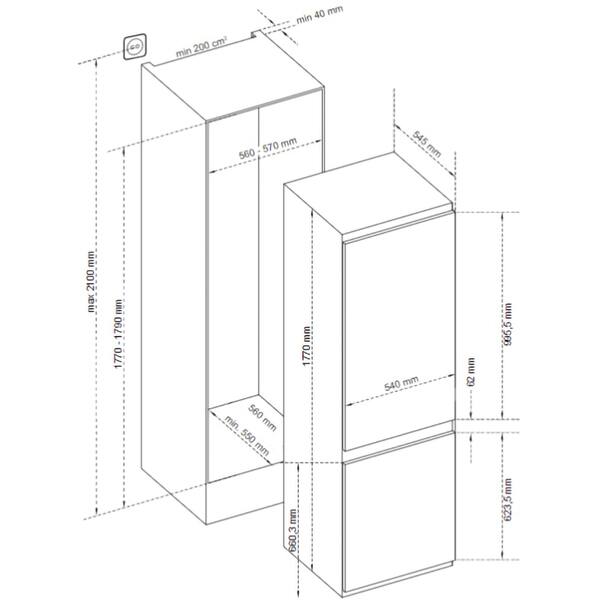 Combina frigorifica incorporabila Candy BCBS 172T/N, 248 l, H 177 cm, Clasa F, alb