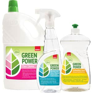 Pachet SANO Green Power: Detergent lichid pentru pardoseli, 2 l + Solutie de curatat geamuri, 750 ml + Detergent lichid pentru vase, 700 ml