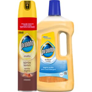 Pachet spray pentru mobila PRONTO Classic, 300ml + detergent pentru parchet PRONTO Lemn curat, 750ml
