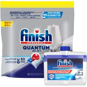 Pachet Detergent pentru masina de spalat vase FINISH Quantum, 60 capsule + Solutie de curatare FINISH, 250 ml
