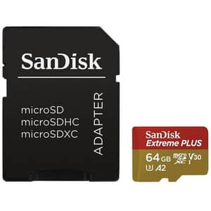 Card de memorie SANDISK Extreme Plus, microSDXC, 64GB, 200MB/s, clasa 10, U3, V30, A2, UHS-I, adaptor