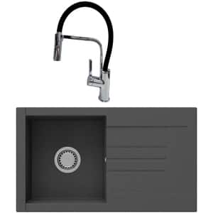 Pachet chiuveta SANDONNA Arona 76, 1 cuva, picurator reversibil, compozit granit + baterie, negru-argintiu