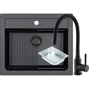 Pachet chiuveta ALVEUS Atrox 30 G91, 1 cuva, compozit granit + baterie Flexa F + accesorii, negru
