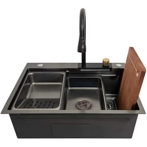 Pachet chiuveta bucatarie SANDONNA HD6850, 1 1/2 cuve, inox + baterie + accesorii, negru