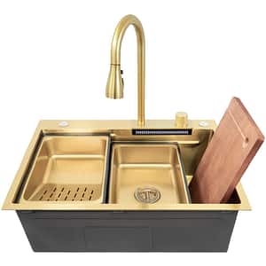 Pachet chiuveta bucatarie SANDONNA HD6850, 1 1/2 cuve, inox + baterie + accesorii, auriu
