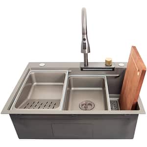 Pachet chiuveta bucatarie SANDONNA HD6850, 1 1/2 cuve, inox + baterie + accesorii, gri