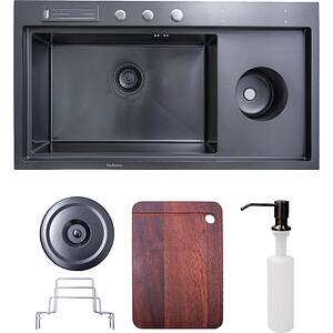 Pachet chiuveta bucatarie SANDONNA HD9250, 1 1/2 cuve, inox + tocator + dozator sapun + suport tacamuri, negru