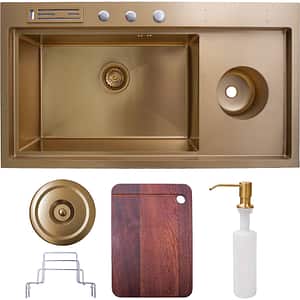 Pachet chiuveta bucatarie SANDONNA HD9250, 1 1/2 cuve, inox + tocator + dozator sapun + suport tacamuri, auriu