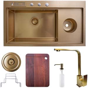 Pachet chiuveta SANDONNA HD9250, 1 1/2 cuve, inox + baterie + tocator + dozator sapun + suport tacamuri, auriu