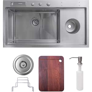 Pachet chiuveta bucatarie SANDONNA HD9250, 1 1/2 cuve, inox + tocator + dozator sapun + suport tacamuri, gri