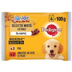 Hrana umeda pentru caini PEDIGREE, Junior, Mix cu orez in aspic, 4 x 100 g