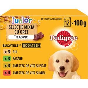 Hrana umeda pentru caini PEDIGREE Junior, Selectie mixta cu orez in aspic, 12 x 100g