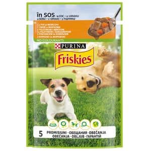 Hrana umeda pentru caini FRISKIES, Adult, Pui si morcovi in sos, 26 x 85g