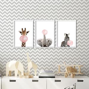 Set 3 tablouri cu rama Animale, 23 x 33 cm, PVC, roz