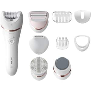Epilator PHILIPS Series 9000 BRE740/90, 32 pensete, 2 viteze, 12 accesorii, Wet&Dry, acumulator, alb