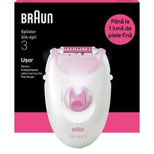Epilator BRAUN Silk-epil 3 SE3-000, 20 pensete, 2 viteze, SmartLight, retea, alb-roz