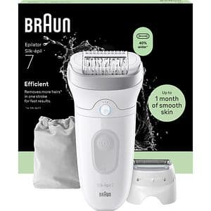 Epilator BRAUN Silk-epil 7 SE7-030, 40 pensete, 2 viteze, 3 accesorii, SmartLight, MicroGrip, Wet&Dry, acumulator, alb-gri