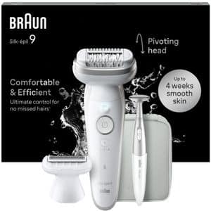 Epilator BRAUN Silk-epil 9 SES9-241, 40 pensete, 2 viteze, 10 accesorii, SmartLight, MicroGrip, Wet&Dry, acumulator, alb-argintiu