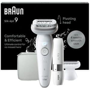 Epilator BRAUN Silk-epil 9 SES9-341, 40 pensete, 2 viteze, 5 accesorii, SmartLight, MicroGrip, Wet&Dry, acumulator, alb-argintiu