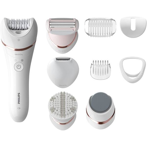 Epilator PHILIPS Series 9000 BRE740/90, 32 pensete, 2 viteze, 12 accesorii, Wet&Dry, acumulator, alb