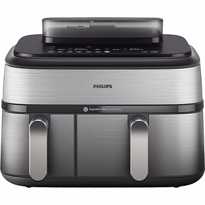 Friteuza cu aer cald dubla PHILIPS Seria 5000 NA555/00, 3kg, 9l, 2750W, functie Air Steam, argintiu-negru