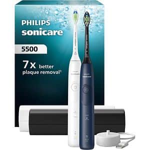 Set 2 Periute de dinti electrice PHILIPS Sonicare 5500 HX7119/01, 62000 miscari/min, 2 programe, 2 capete, alb-albastru inchis