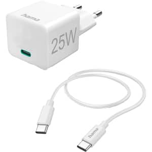 Incarcator retea HAMA 201624, 1xUSB-C, Power Delivery (PD), 25W, cablu USB-C, alb