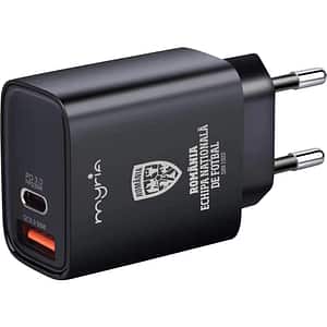 Incarcator retea MYRIA Echipa Nationala de Fotbal MY9092FRF, 1x USB-A, 1x USB-C, Power Delivery (PD) 30W, negru