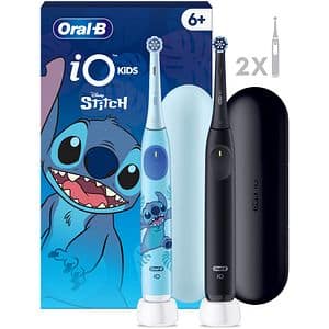 Set 2 Periuta de dinti electrice ORAL-B iO 2 8800 miscari/min, Timer, 3 programe, 2 capate, negru + Periuta de dinti electrica copii ORAL-B iO Kids Disney Stitch, albastru