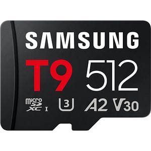 Card de memorie SAMSUNG T9, microSDXC, 512GB,200MB/s, clasa U3, V30, A2, adaptor