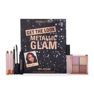 Set machiaj MAKEUP REVOLUTION Metallic Glam: Fard de pleoape, 2.5g + Iluminator Highlight Quad, 4g + Baza pentru fardul de ochi, 2.5ml + Creion de ochi, 1.15g + Mascara, 8g