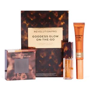 Set machiaj MAKEUP REVOLUTION Goddess Glow on the go: Paleta farduri Eye Quad Sunkissed, 3.2g + Ulei de buze Pro Goddess Glow Lip Oil Soleil, 8ml + lIuminator Goddess Glow Cream, 15ml