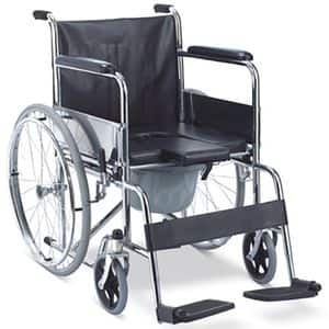 Scaun cu rotile cu vas de toaleta BEST M 609U, sezut 46 cm, greutate suportata 100 kg, piele ecologica, negru-argintiu