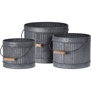 Set 3 ghivece flori KI FZ3000920, metal-lemn, D 25 cm, D 22 cm, D 19 cm, gri cenusiu