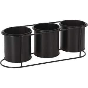 Set 3 ghivece flori cu suport KI QD1000580, metal, D 10 x 11.5 cm, negru