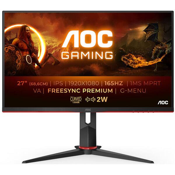 Monitor Gaming curbat LED VA AOC C27G2AE/BK, 27", Full HD, 165Hz, FreeSync Premium, negru
