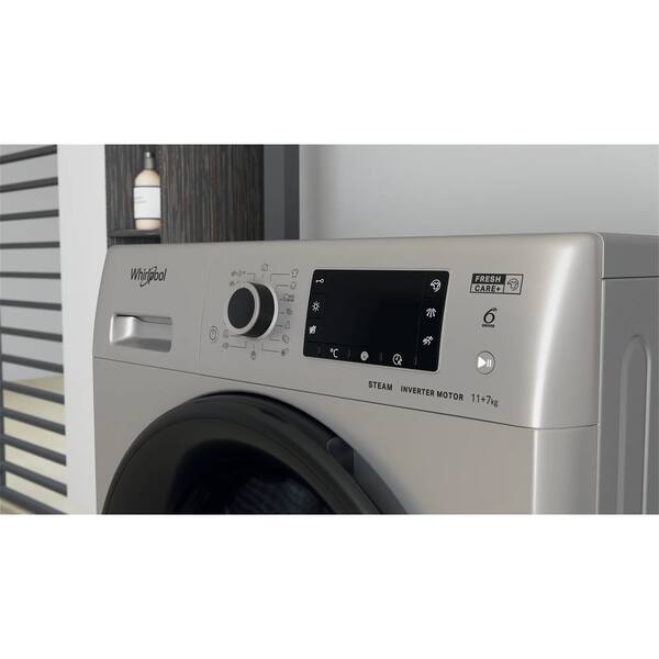 Masina de spalat rufe frontala cu uscator WHIRLPOOL FWDD 1171582 SBV EU N, 6th Sense, 11/7 kg, 1600rpm, Clasa D/E, argintiu