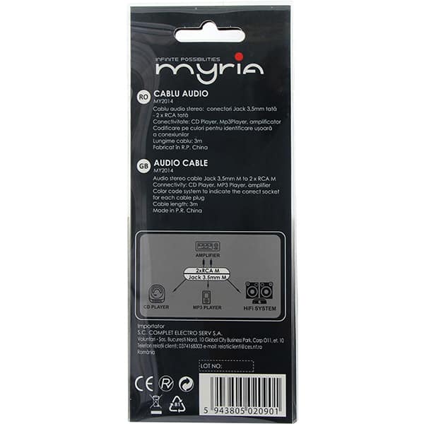 Cablu audio stereo jack 3.5mm - RCA MYRIA MY2014, 3mm, negru