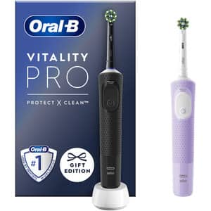 Set 2 periute de dinti electrice ORAL-B Vitality Pro, 7600 oscilatii/min, Curatare 2D, 3 programe, 2 capate, negru-violet