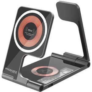 Incarcator wireless PROMATE AuraFold-Trio, 1xUSB-C, universal, QI, 15W, negru